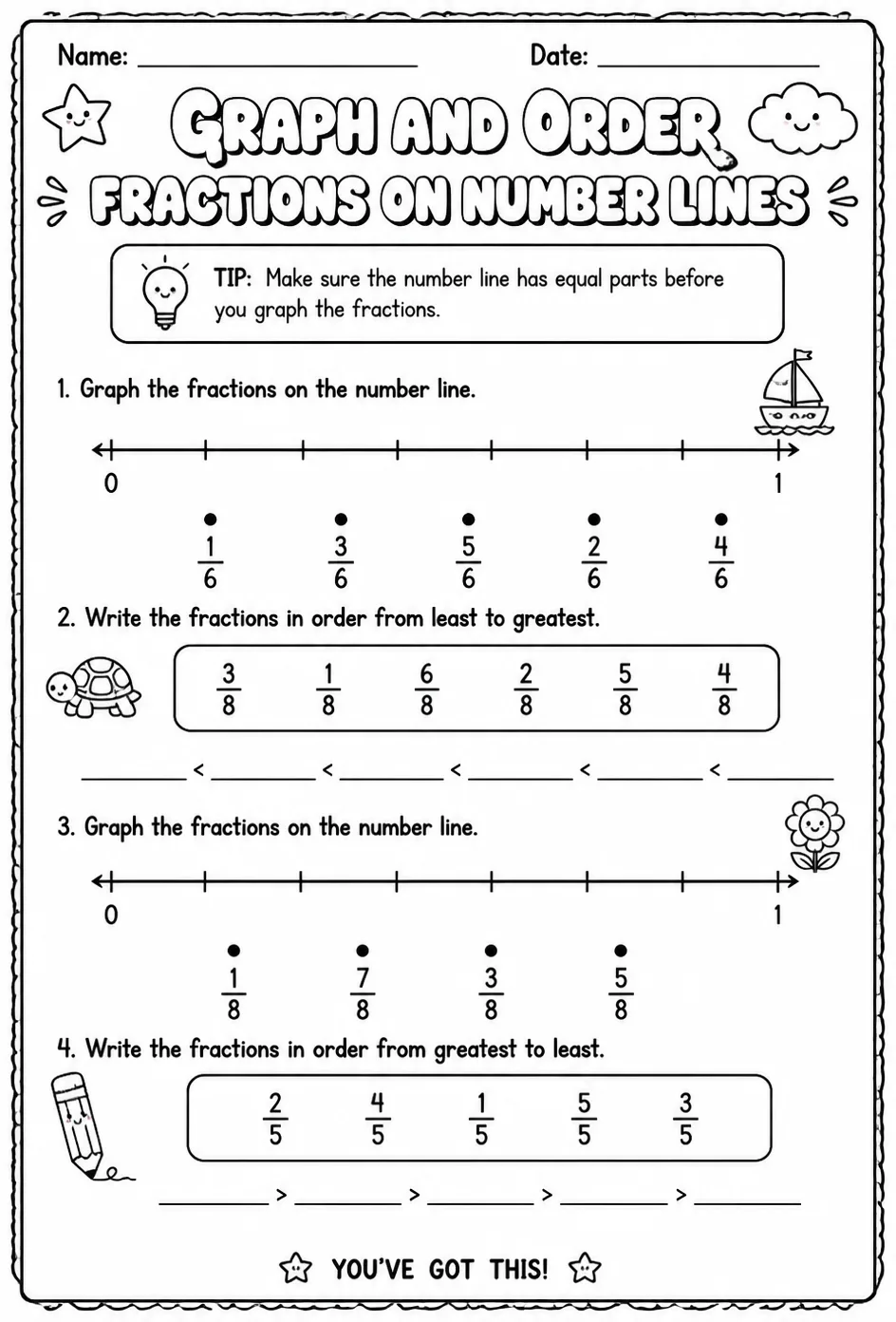 Graph and order fractions on number lines — free printable Grade 3 math worksheet