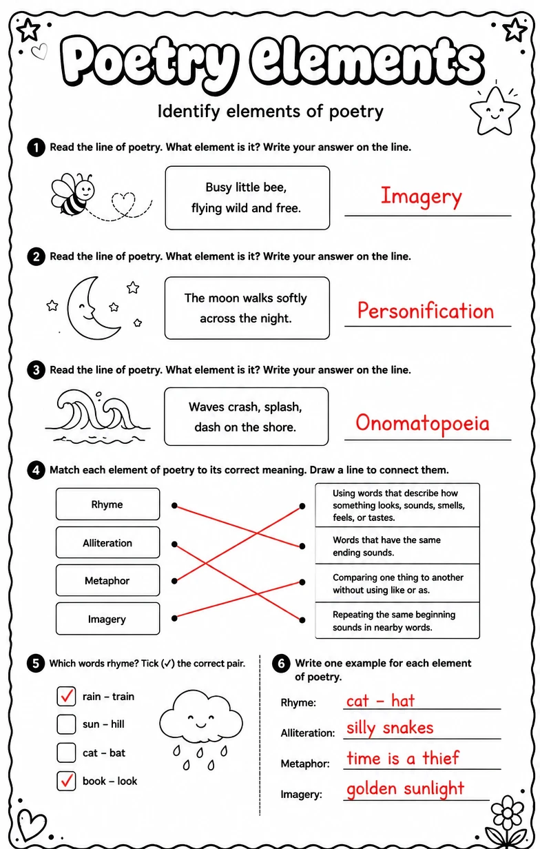 Answer key for Identify elements of poetry — free printable English & Reading worksheet