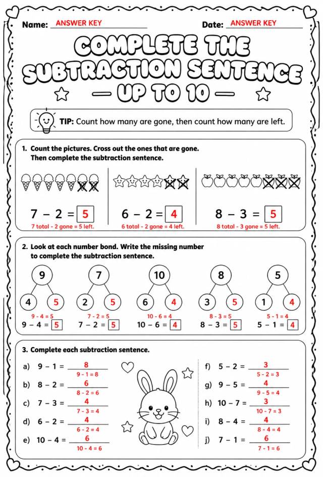Answer key for Complete the subtraction sentence - up to 10 — free printable Math worksheet