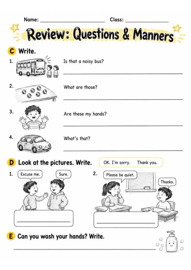 Review: Questions & Manners | Grade 2 English Language Arts Worksheet grade 2 printable PDF preview