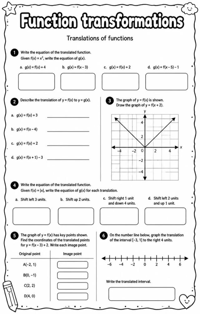 Translations of functions — free printable Algebra 1 math worksheet