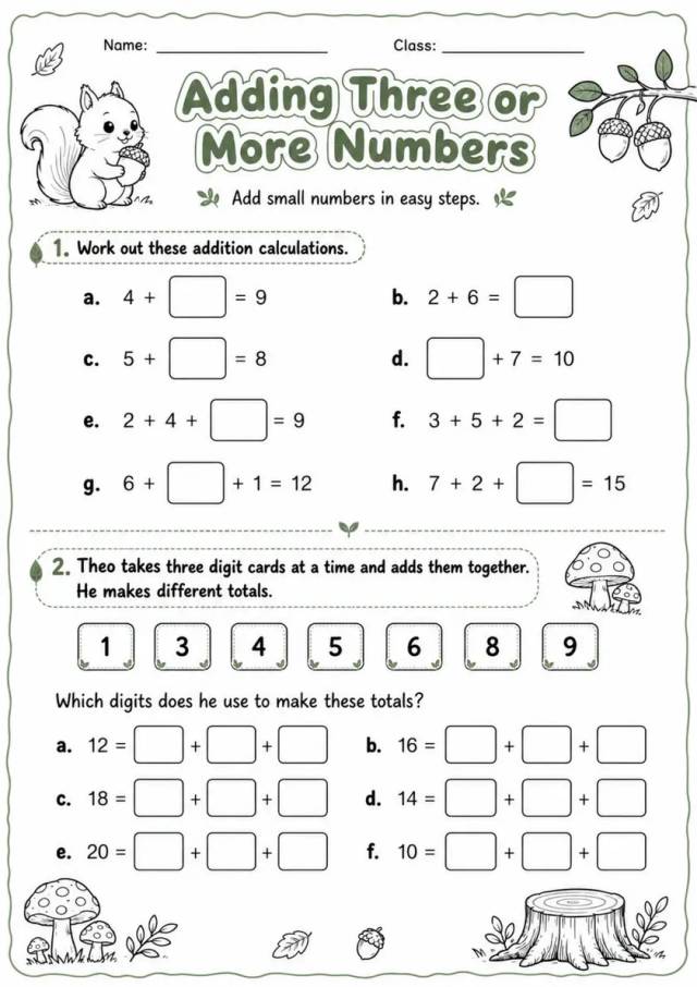 Adding Three or More Numbers - Grade 3 Math Worksheet - grade 3 Printable independent practice grade 3 printable PDF preview