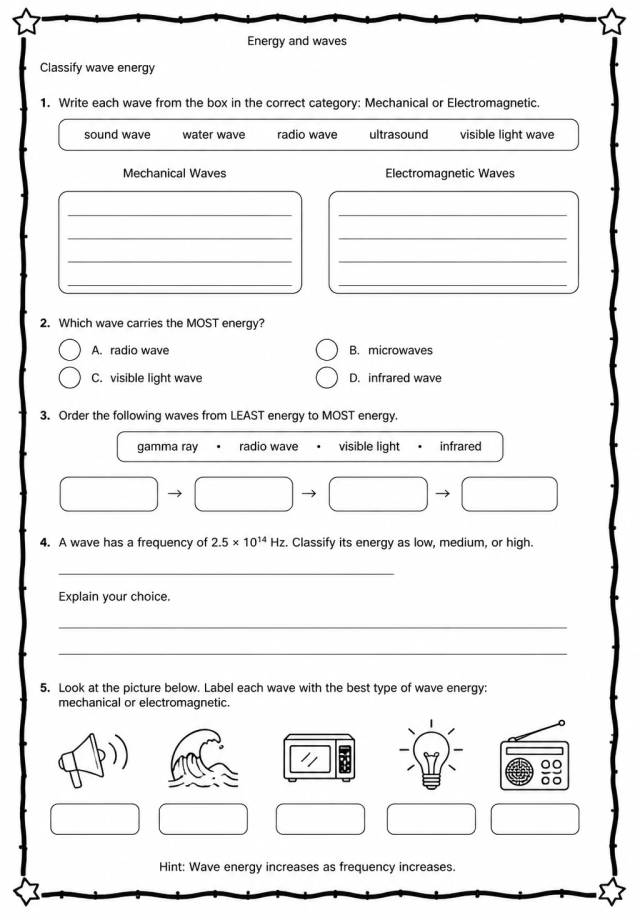 Classify wave energy — free printable Middle School Science worksheet