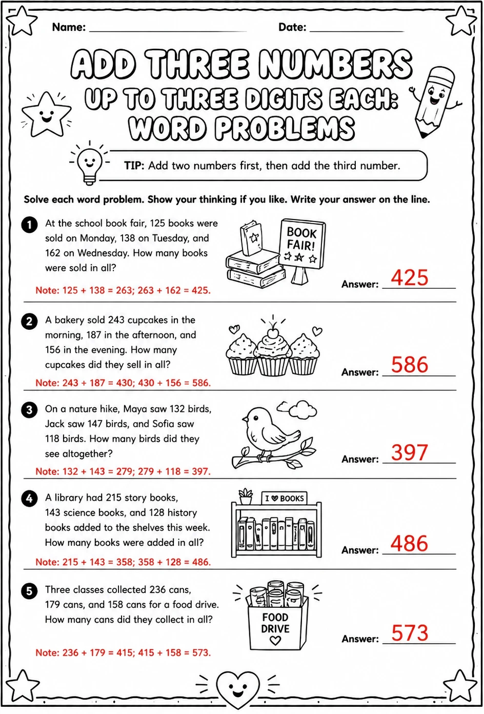 Answer key for Add three numbers up to three digits each: word problems — free printable Math worksheet