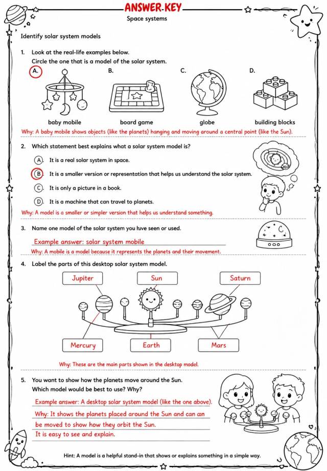 Answer key for Identify solar system models — free printable Science worksheet