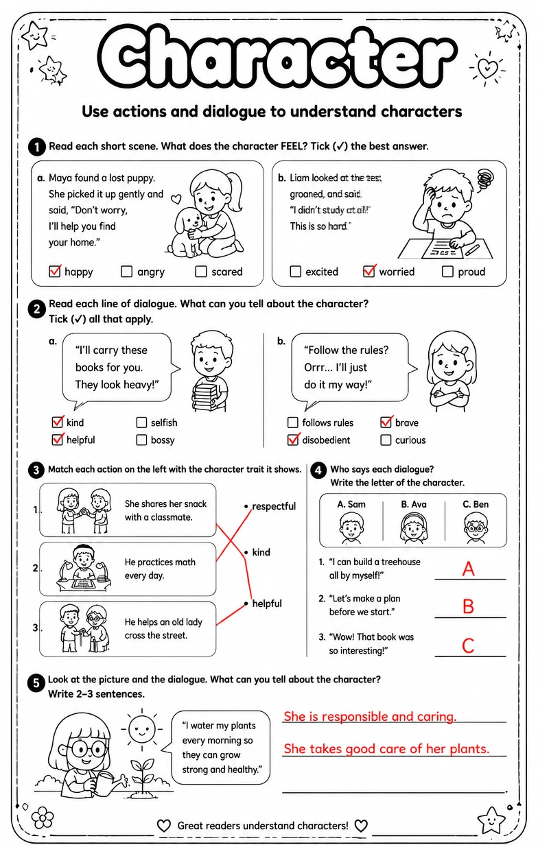 Answer key for Use actions and dialogue to understand characters — free printable English & Reading worksheet