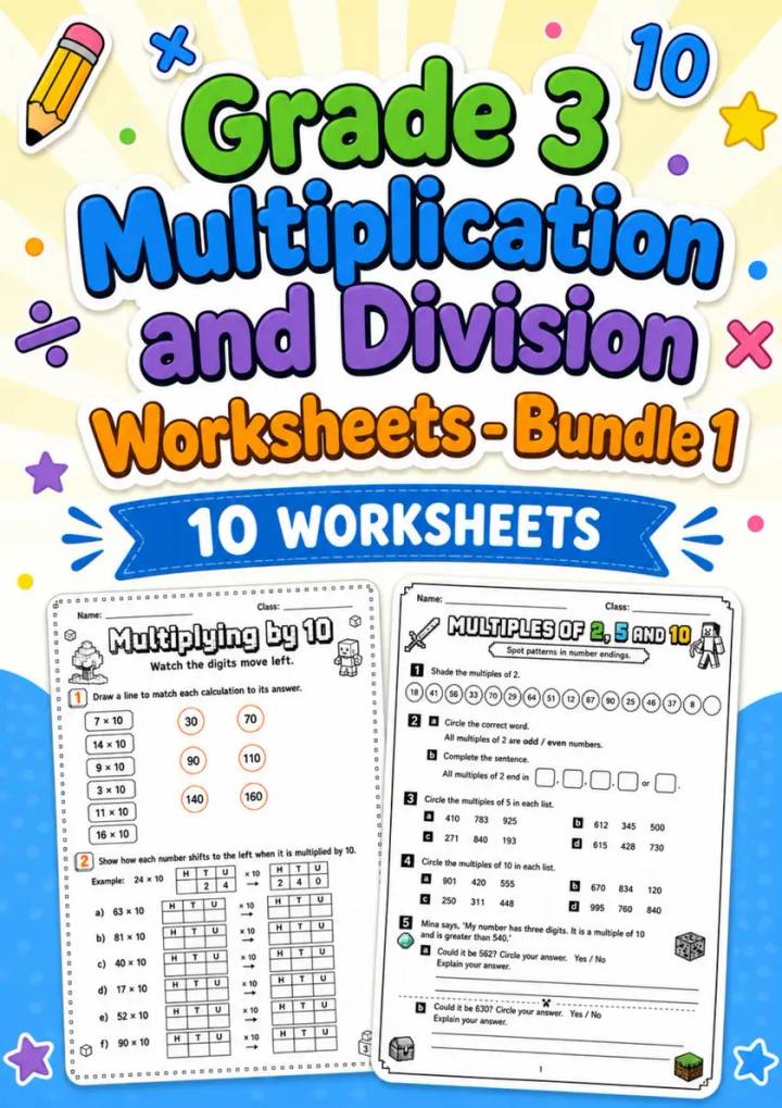 Grade 3 Multiplication and Division Worksheets - Pack 1 grade 3 printable PDF preview