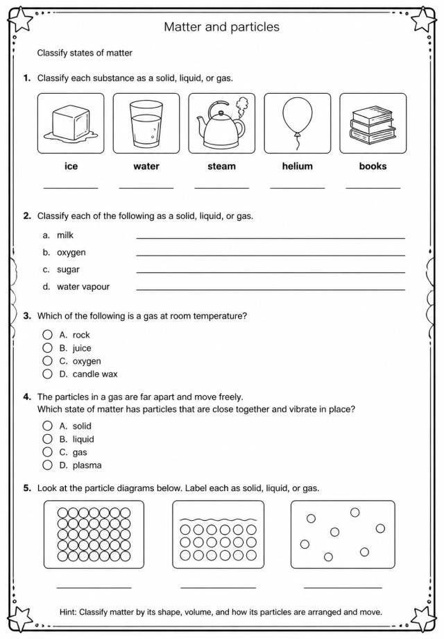Classify states of matter — free printable Middle School Science worksheet