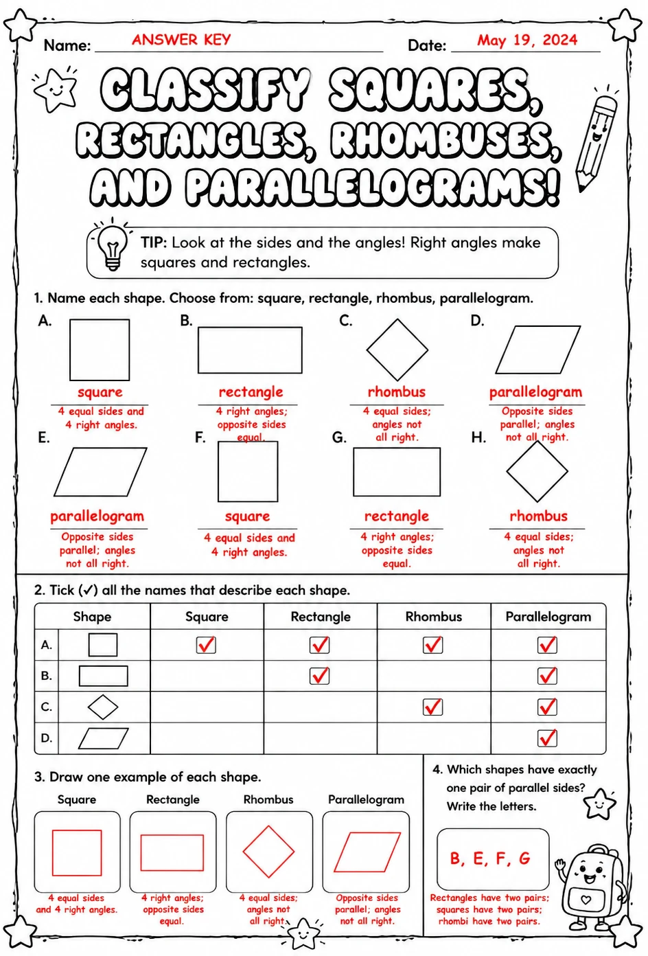 Answer key for Classify squares, rectangles, rhombuses, and parallelograms — free printable Math worksheet