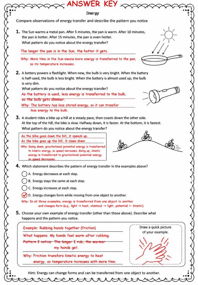 Answer key for Compare observations of energy transfer and describe the pattern you notice — free printable Science worksheet