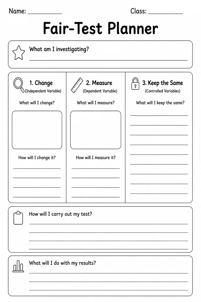 Blank printable Fair-Test Planner with labelled boxes for the variable to change, the variable to measure, and variables to keep the same