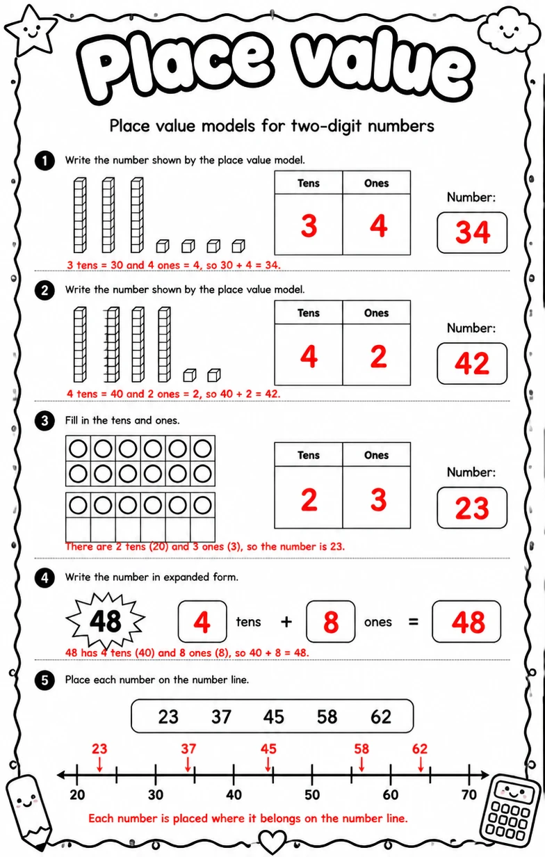 Answer key for Place value models for two-digit numbers — free printable Math worksheet