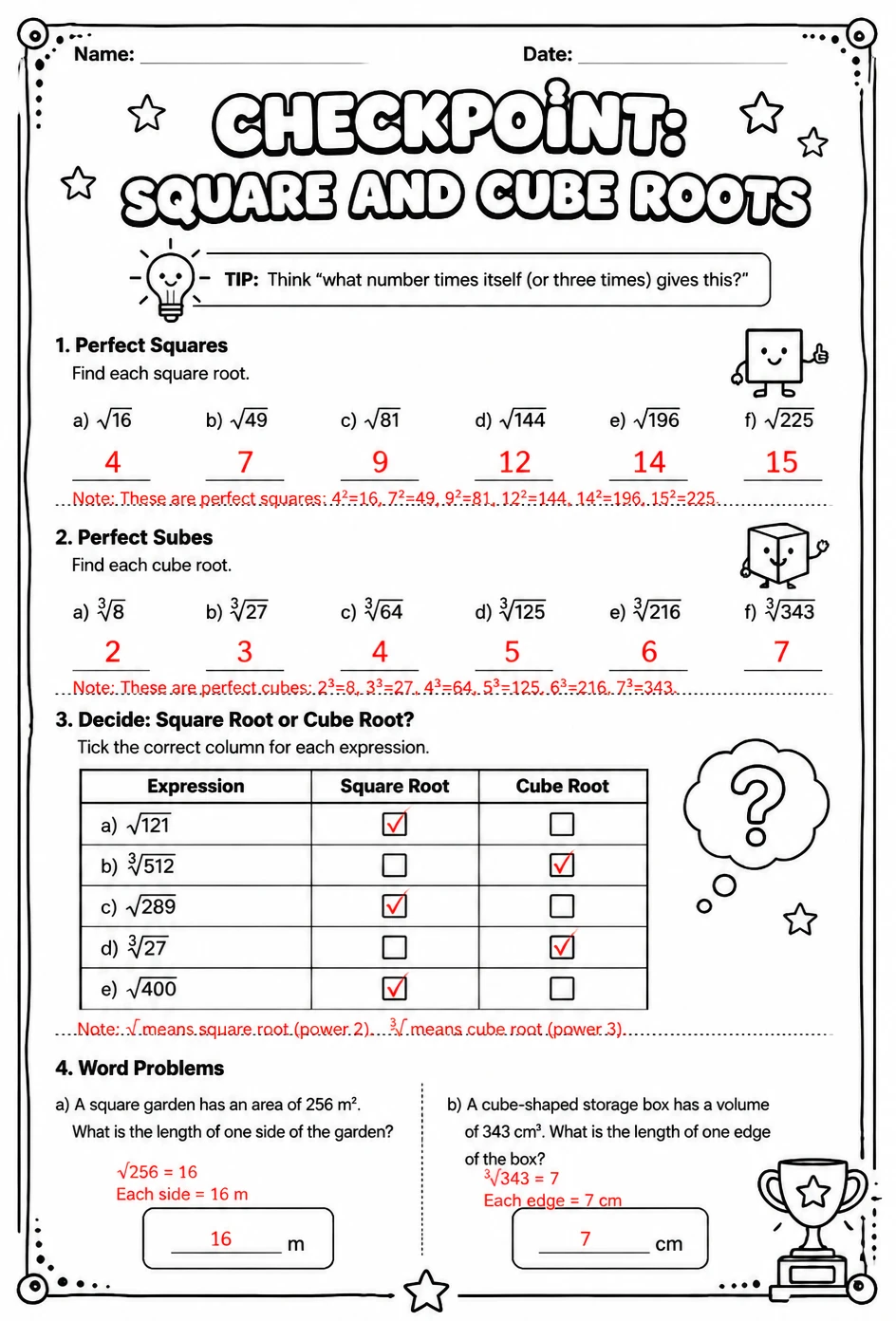 Answer key for Checkpoint: Square and cube roots — free printable Math worksheet