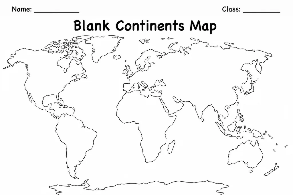 Free printable blank continents map showing seven unlabelled continent outlines on a world projection, ready for students to label and colour.