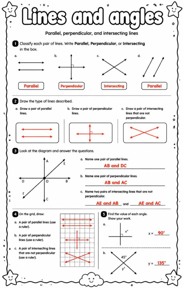 Answer key for Parallel, perpendicular, and intersecting lines — free printable Math worksheet