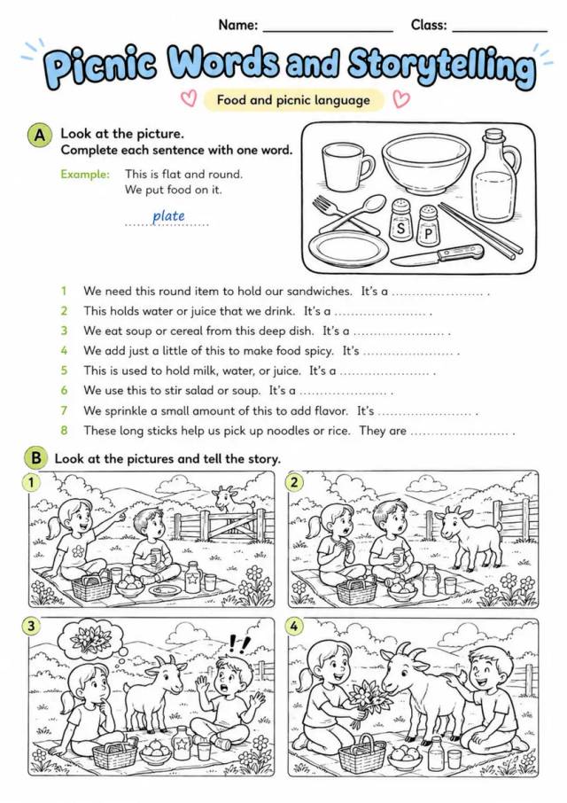 Cambridge Flyers - Picnic Words and Storytelling | Free Worksheet primary printable PDF preview