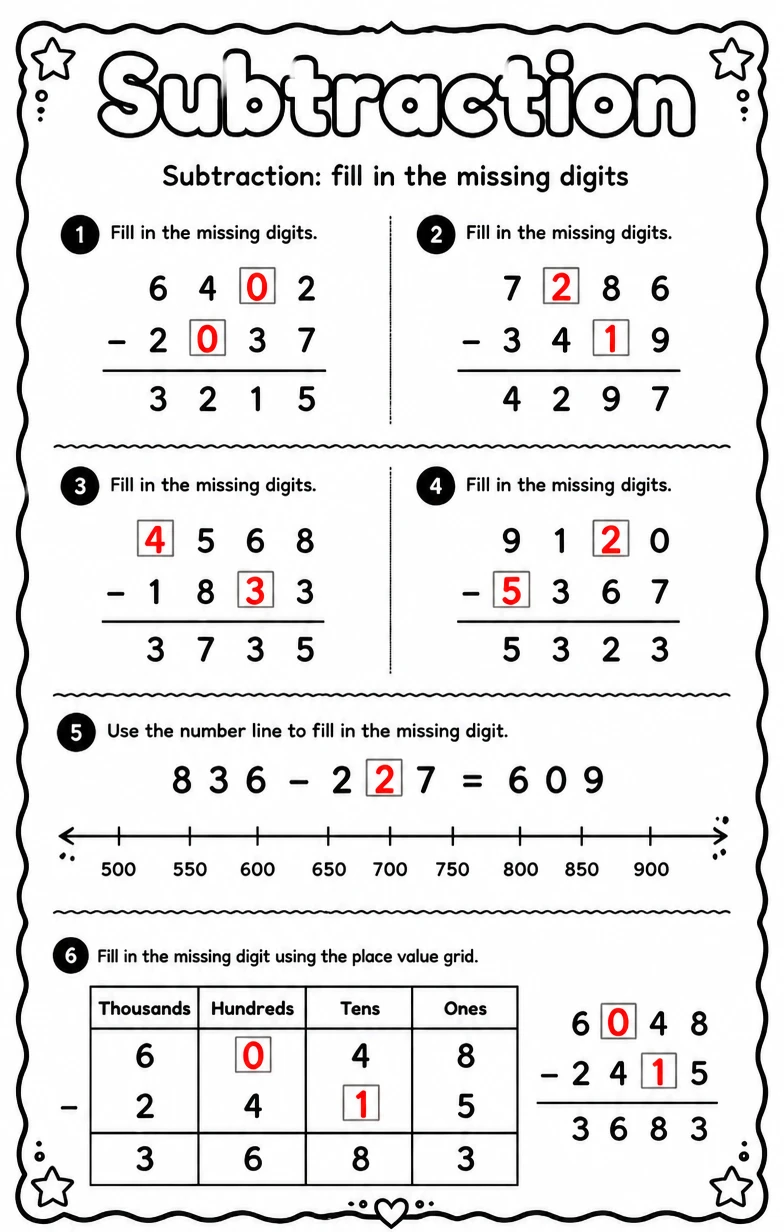 Answer key for Subtraction: fill in the missing digits — free printable Math worksheet