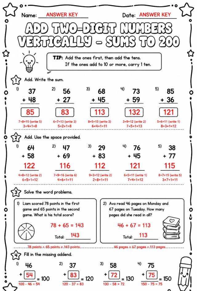 Answer key for Add two-digit numbers vertically - sums to 200 — free printable Math worksheet
