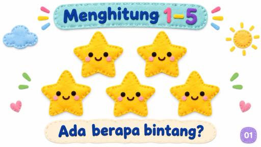 Sampul bergambar presentasi matematika prasekolah untuk belajar menghitung 1–5