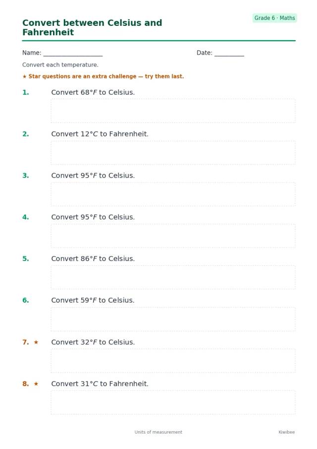 Convert between Celsius and Fahrenheit worksheet — Grade 6