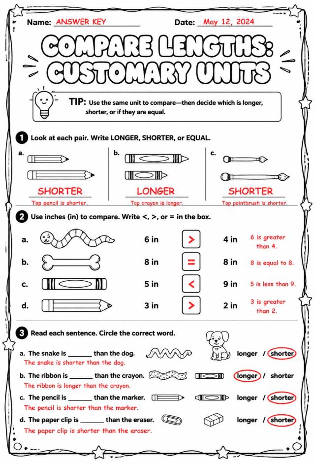 Answer key for Compare lengths: customary units — free printable Math worksheet