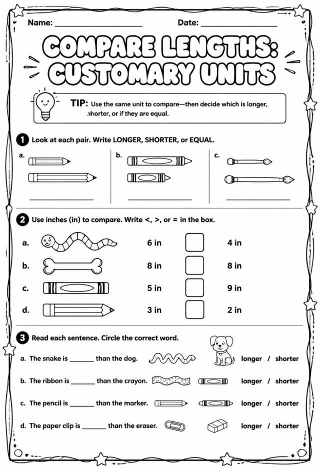 Compare lengths: customary units — free printable Grade 2 math worksheet