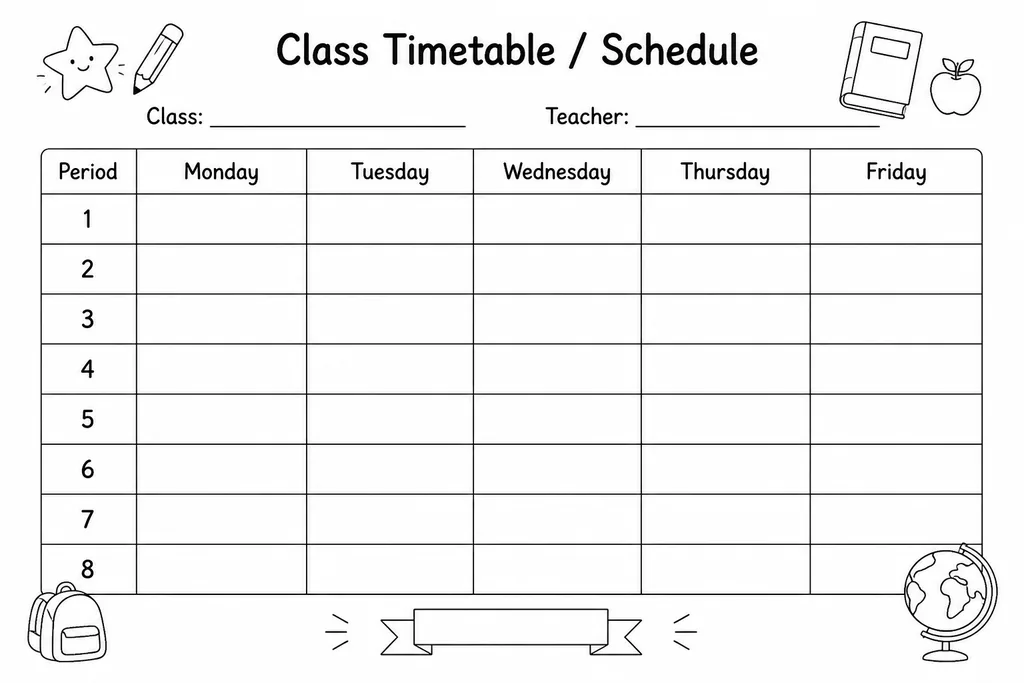 Blank printable class timetable grid with columns for each weekday and rows for lesson periods, ready to fill in