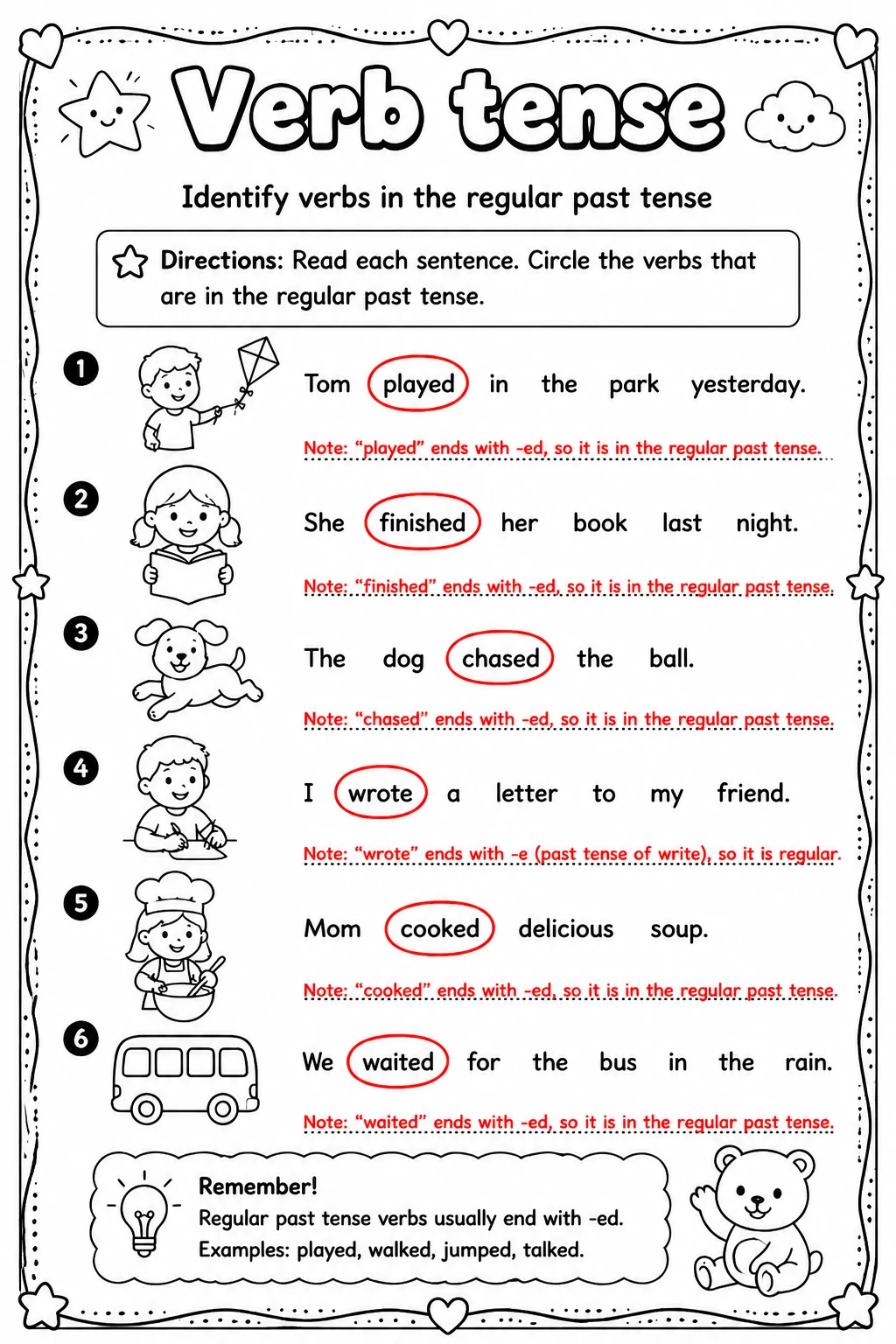 Answer key for Identify verbs in the regular past tense — free printable English & Reading worksheet