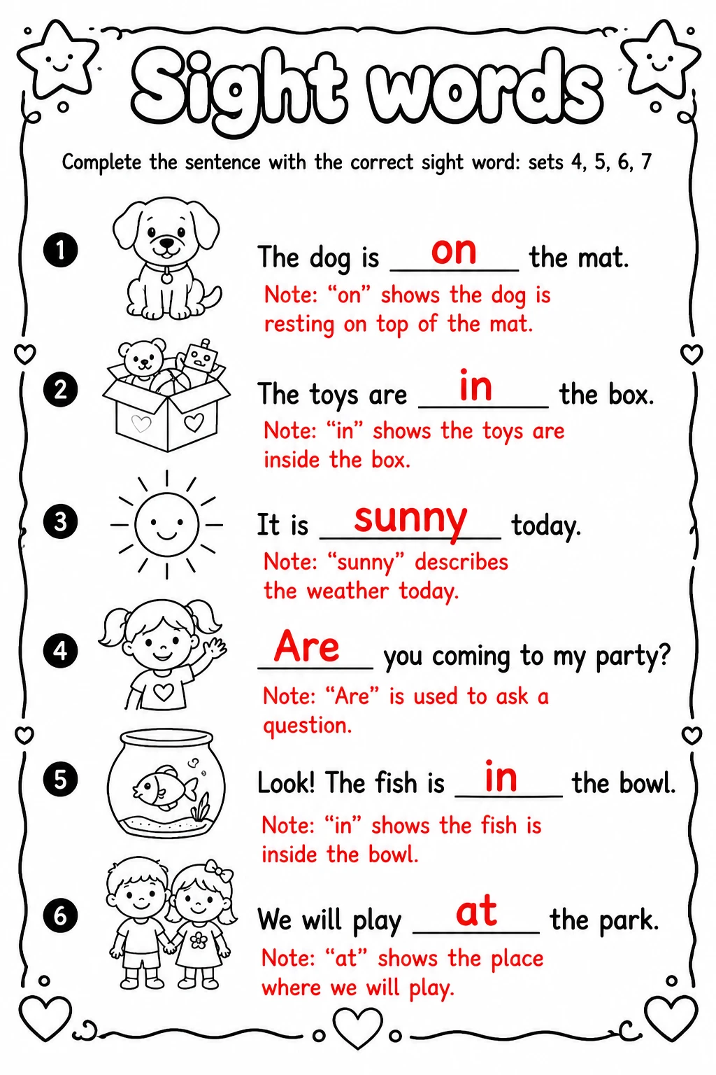 Answer key for Complete the sentence with the correct sight word: sets 4, 5, 6, 7 — free printable English & Reading worksheet
