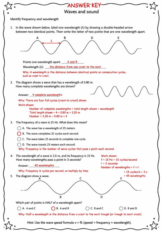 Answer key for Identify frequency and wavelength — free printable Science worksheet