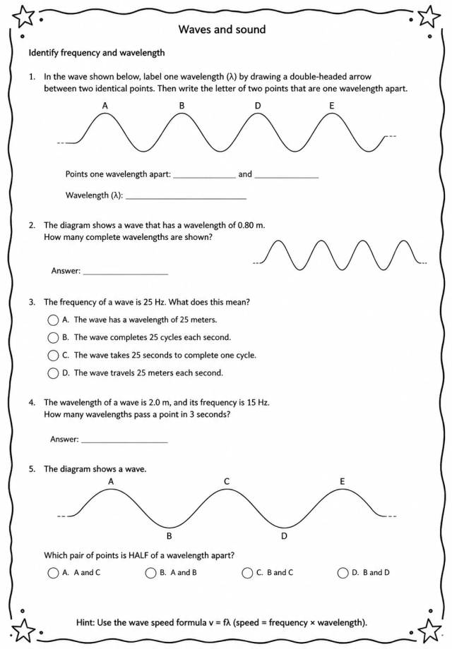 Identify frequency and wavelength — free printable High School Science worksheet