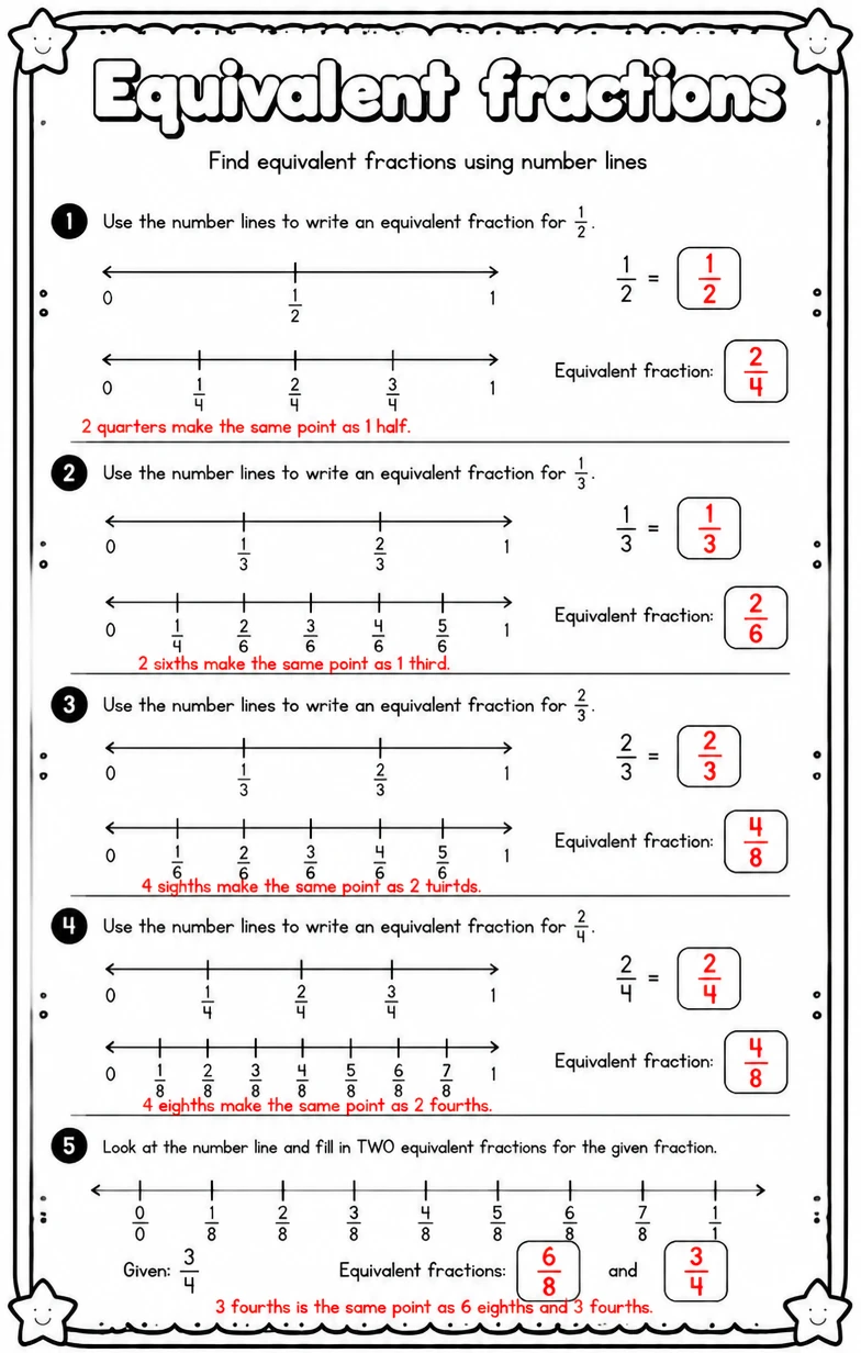 Answer key for Find equivalent fractions using number lines — free printable Math worksheet