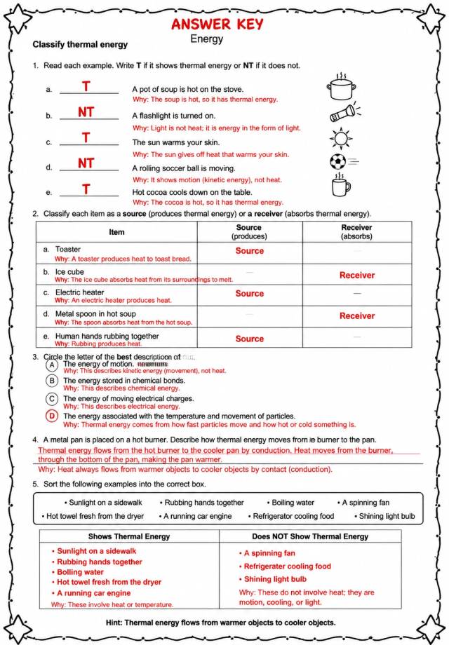 Answer key for Classify thermal energy — free printable Science worksheet