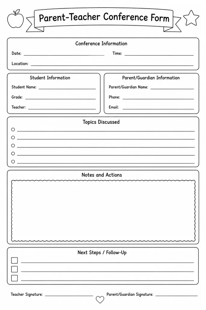 Blank printable parent-teacher conference form with sections for student strengths, growth areas, parent input, agreed action steps, and signature line