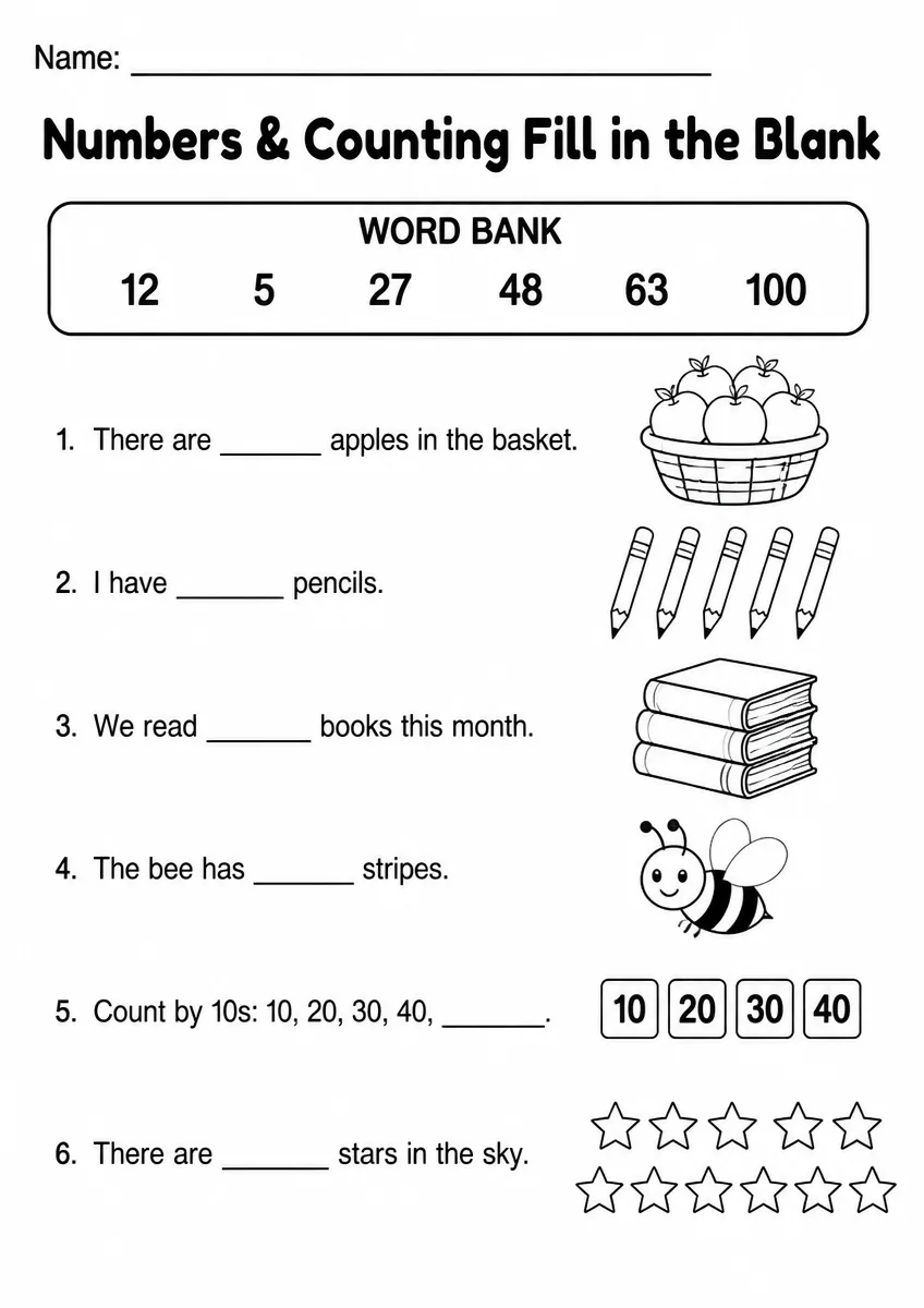 Numbers & Counting fill in the blank worksheet for Grade 3