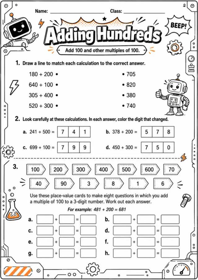 Adding Hundreds - Grade 3 Math Worksheet - grade 3 Labeling, matching, sorting, and classification grade 3 printable PDF preview