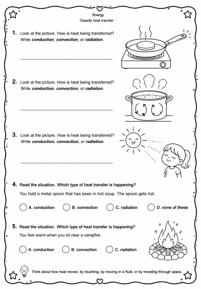 Classify heat transfer — free printable Grade 3 Science worksheet