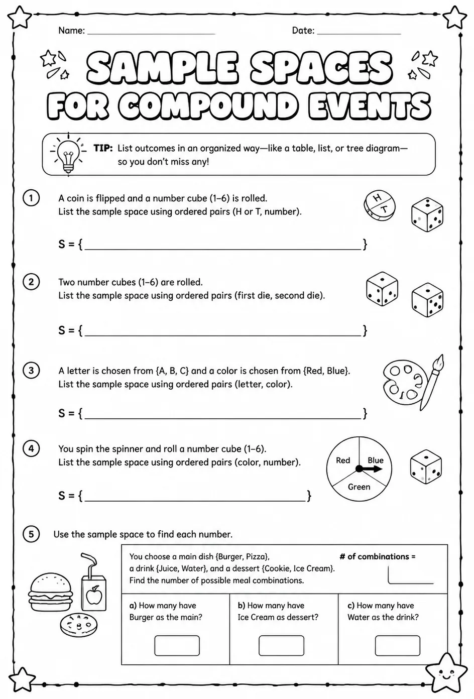 Sample spaces for compound events — free printable Grade 7 math worksheet