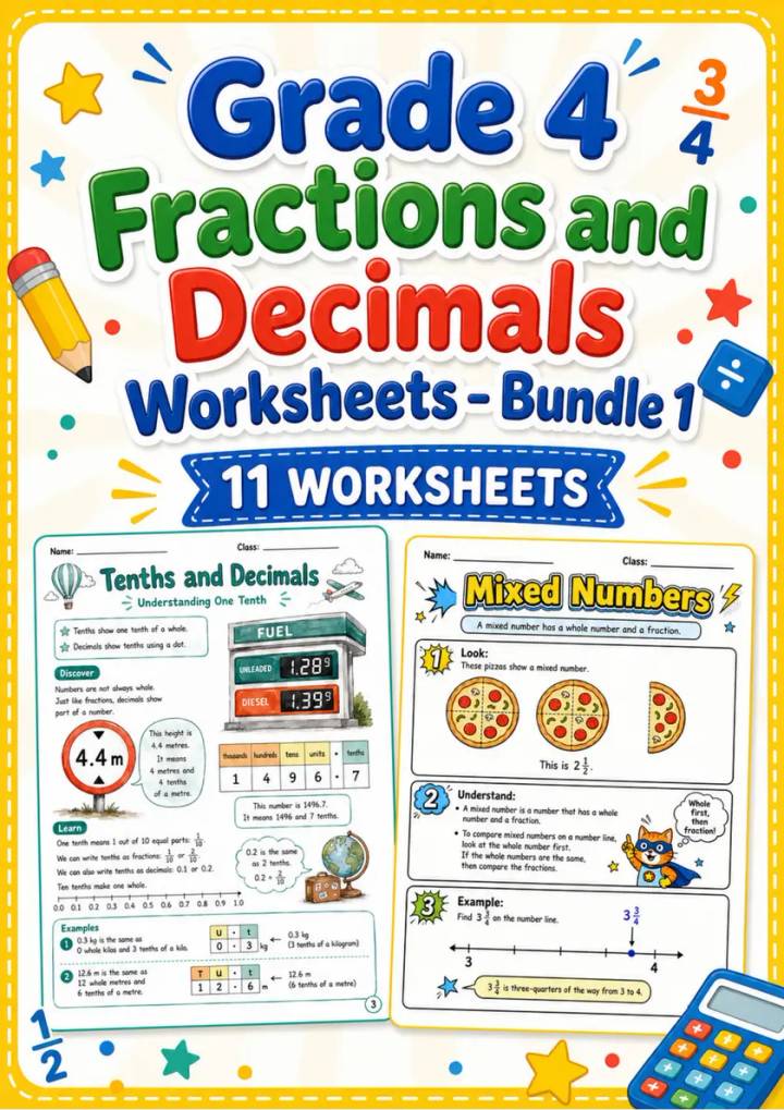 Grade 4 Fractions and Decimals Worksheets - Pack 1 grade 4 printable PDF preview