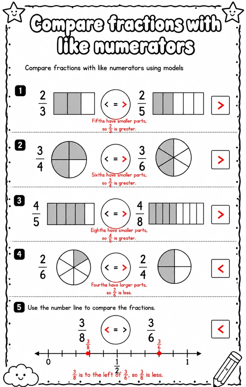 Answer key for Compare fractions with like numerators using models — free printable Math worksheet