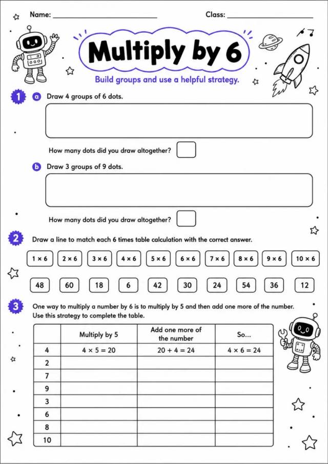 Multiply by 6 - Grade 3 Math Worksheet grade 3 printable PDF preview