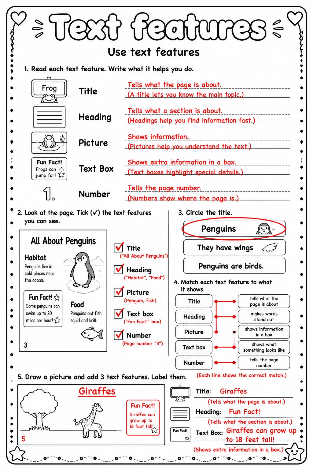 Answer key for Use text features — free printable English & Reading worksheet
