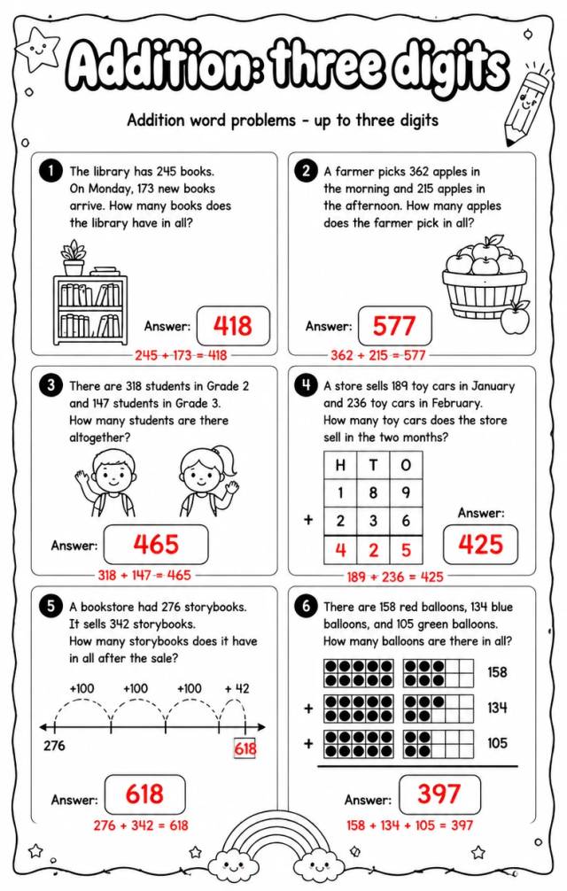 Answer key for Addition word problems - up to three digits — free printable Math worksheet