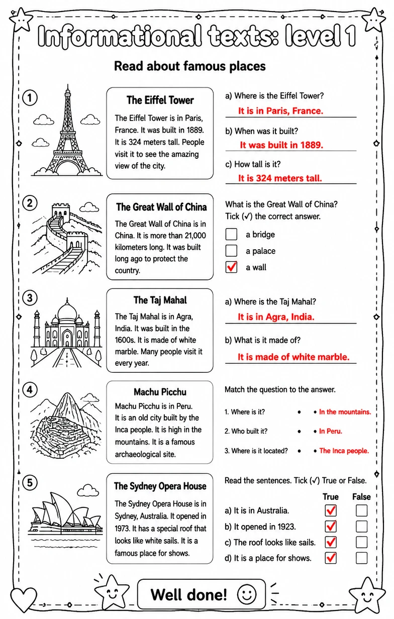 Answer key for Read about famous places — free printable English & Reading worksheet