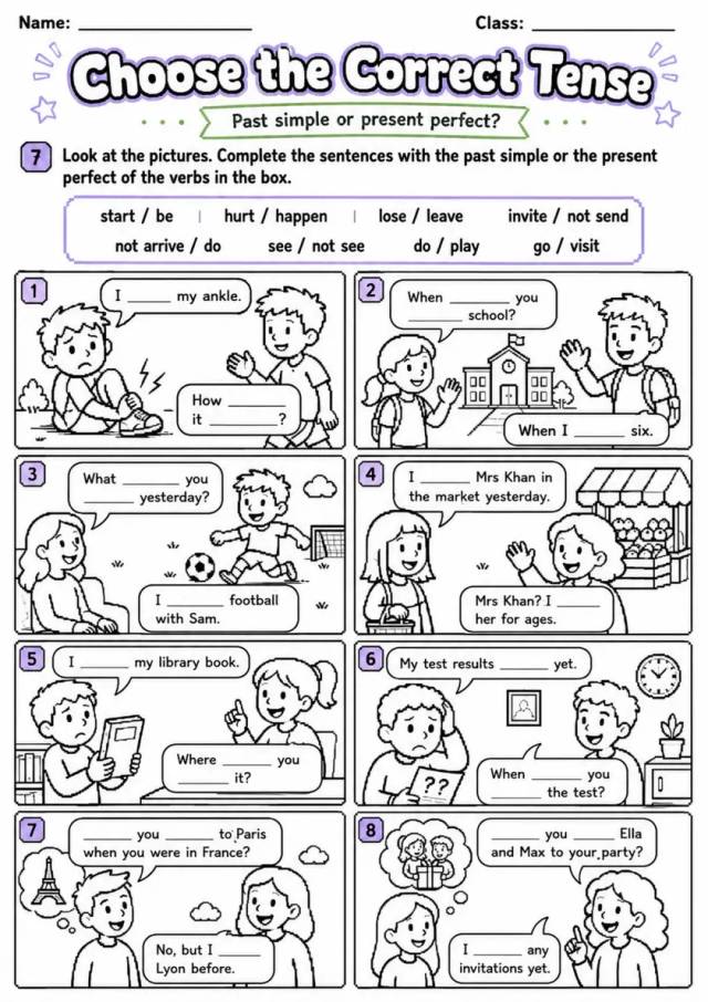 Past Simple or Present Perfect | Grades 5-6 Grammar Worksheet - grades 5 6 Picture Practice grades 5 6 printable PDF preview