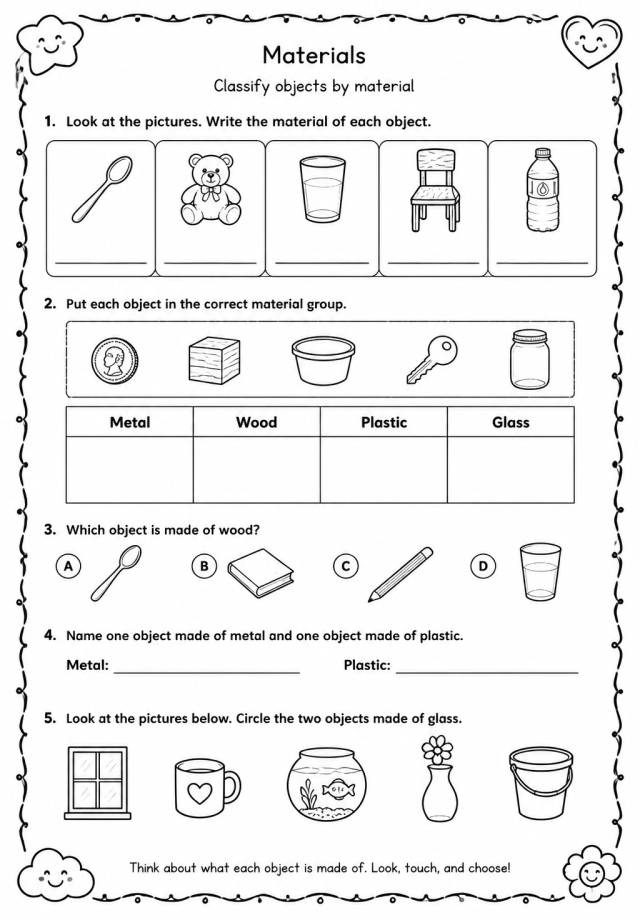 Classify objects by material — free printable Kindergarten Science worksheet