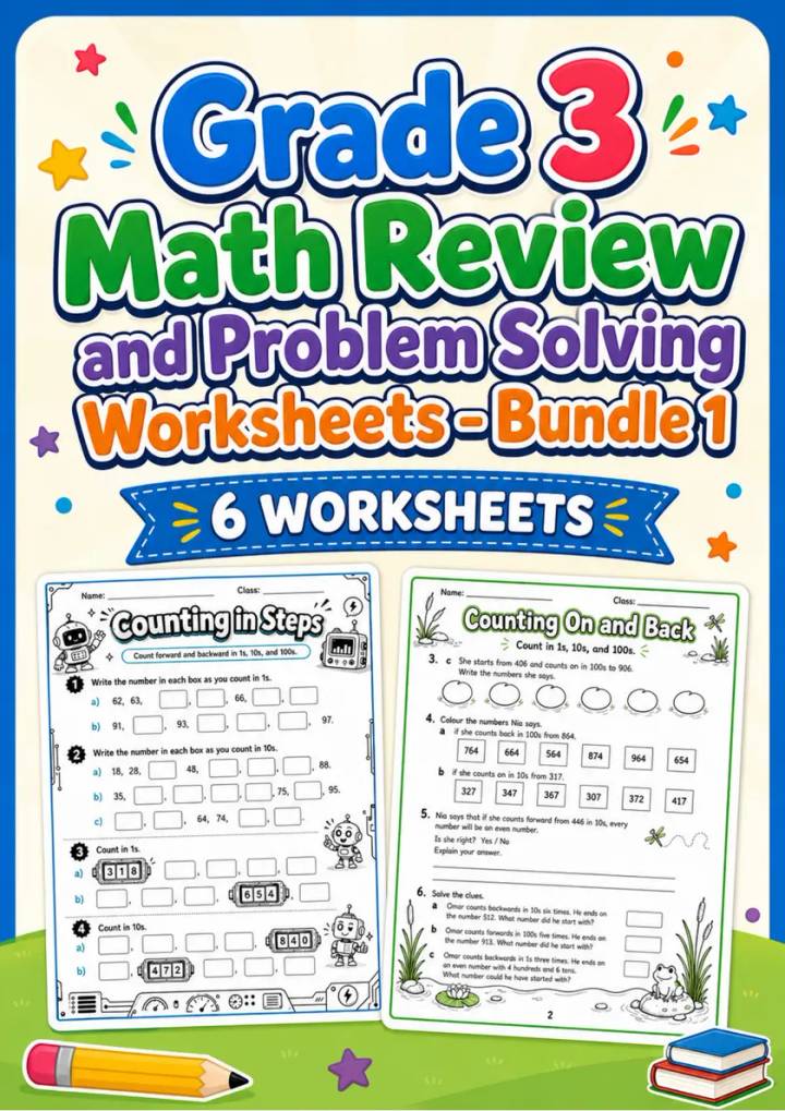Grade 3 Math Review and Problem Solving Worksheets - Pack 1 grade 3 printable PDF preview