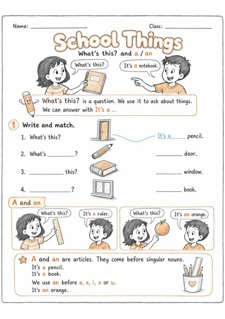 Articles A or An Pack - 4 Worksheets | Grade 1 Grammar grade 1 printable PDF preview
