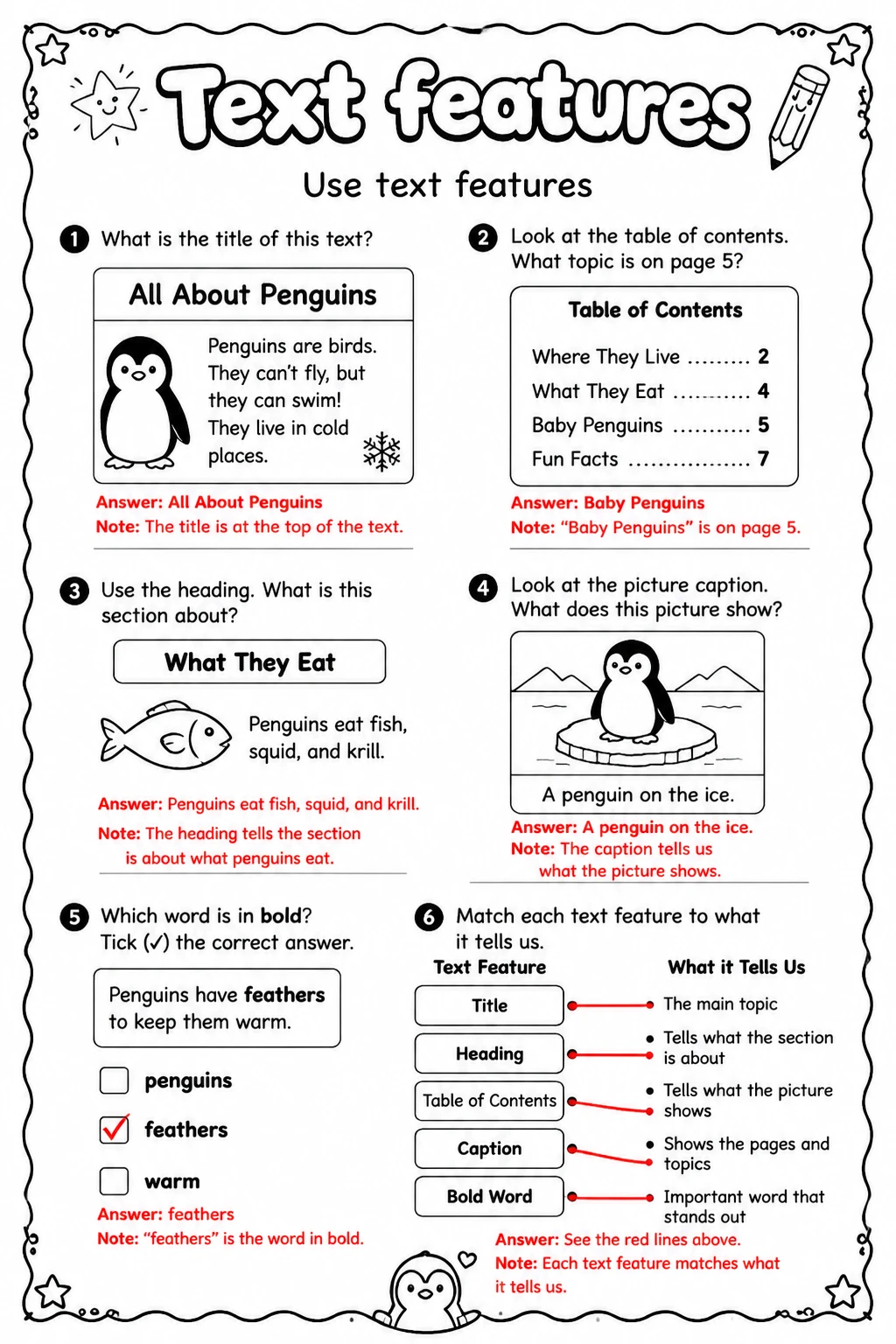 Answer key for Use text features — free printable English & Reading worksheet