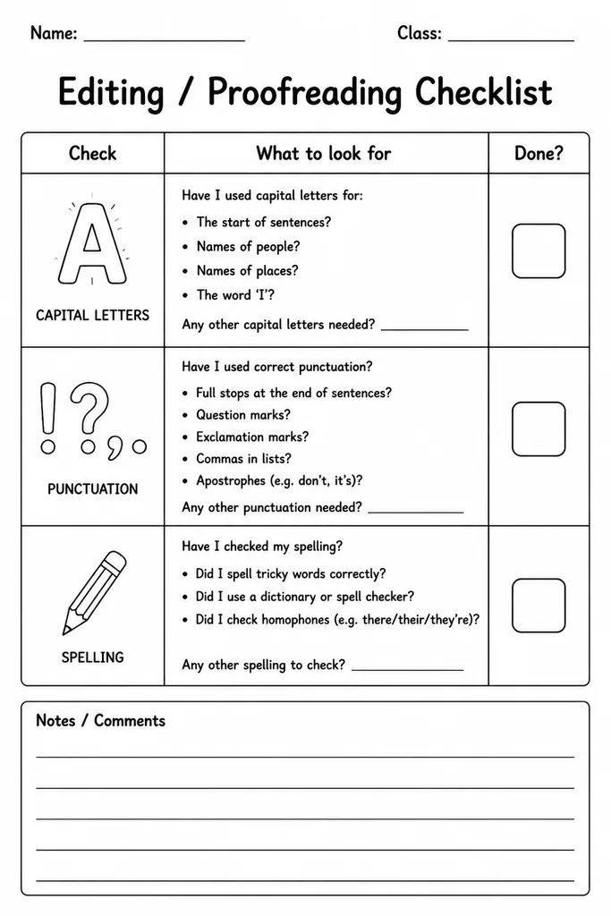 Free printable editing and proofreading checklist with blank tick rows for capitalisation, punctuation, and spelling, grades 2 to 8